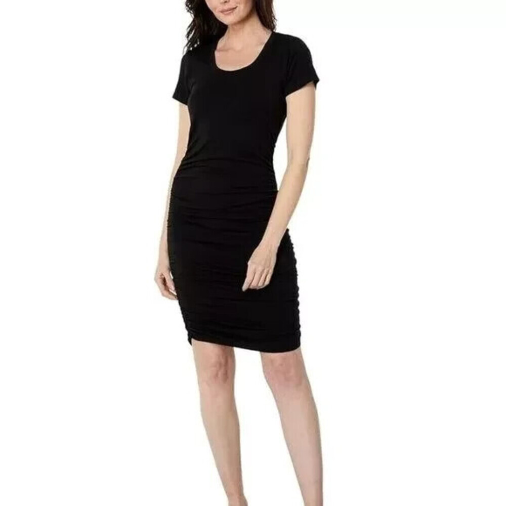Bobi Los Angeles Dress Women Small Black Cotton Side Shirred Short Sleeve ERK279